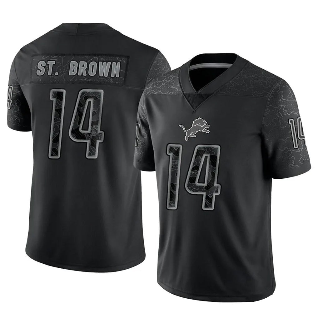 Odoa D.Lions #14 Amon-Ra St. Brown Player Black REFLECTIVE Limited Stitched Jerseys