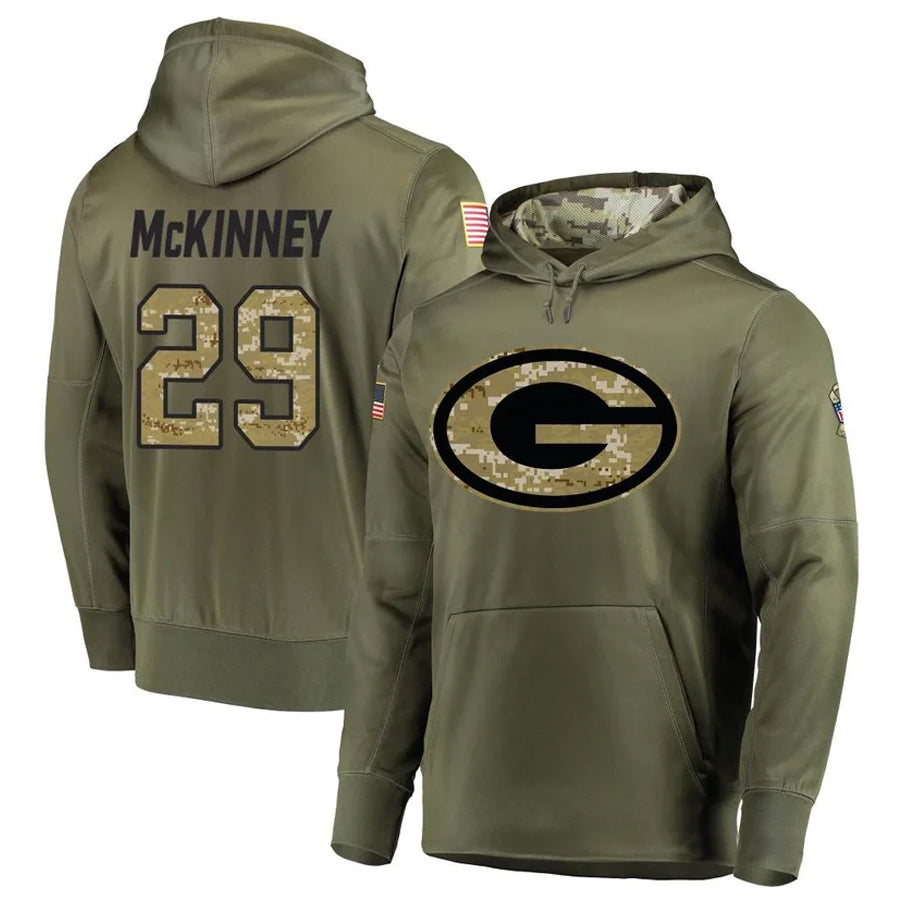Odoa GB.Packers #29 Xavier McKinney Player Olive Salute to Service Pullover Hoodie Game Stitched Jerseys