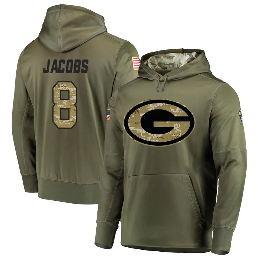 Odoa GB.Packers #8 Josh Jacobs Player Olive Salute to Service Pullover Hoodie Game Stitched Jerseys