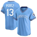 Odoa KC.Royals #13 Salvador Perez Player Light Blue Limited Throwback Cooperstown Collection T-shirt Stitched Jerseys