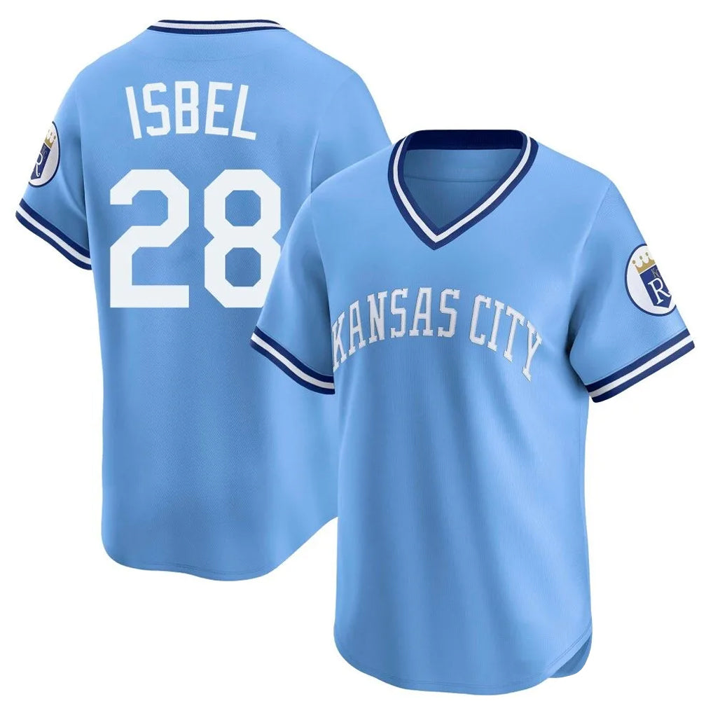 Odoa KC.Royals #28 Kyle Isbel Player Light Blue Limited Throwback Cooperstown Collection T-shirt Stitched Jerseys