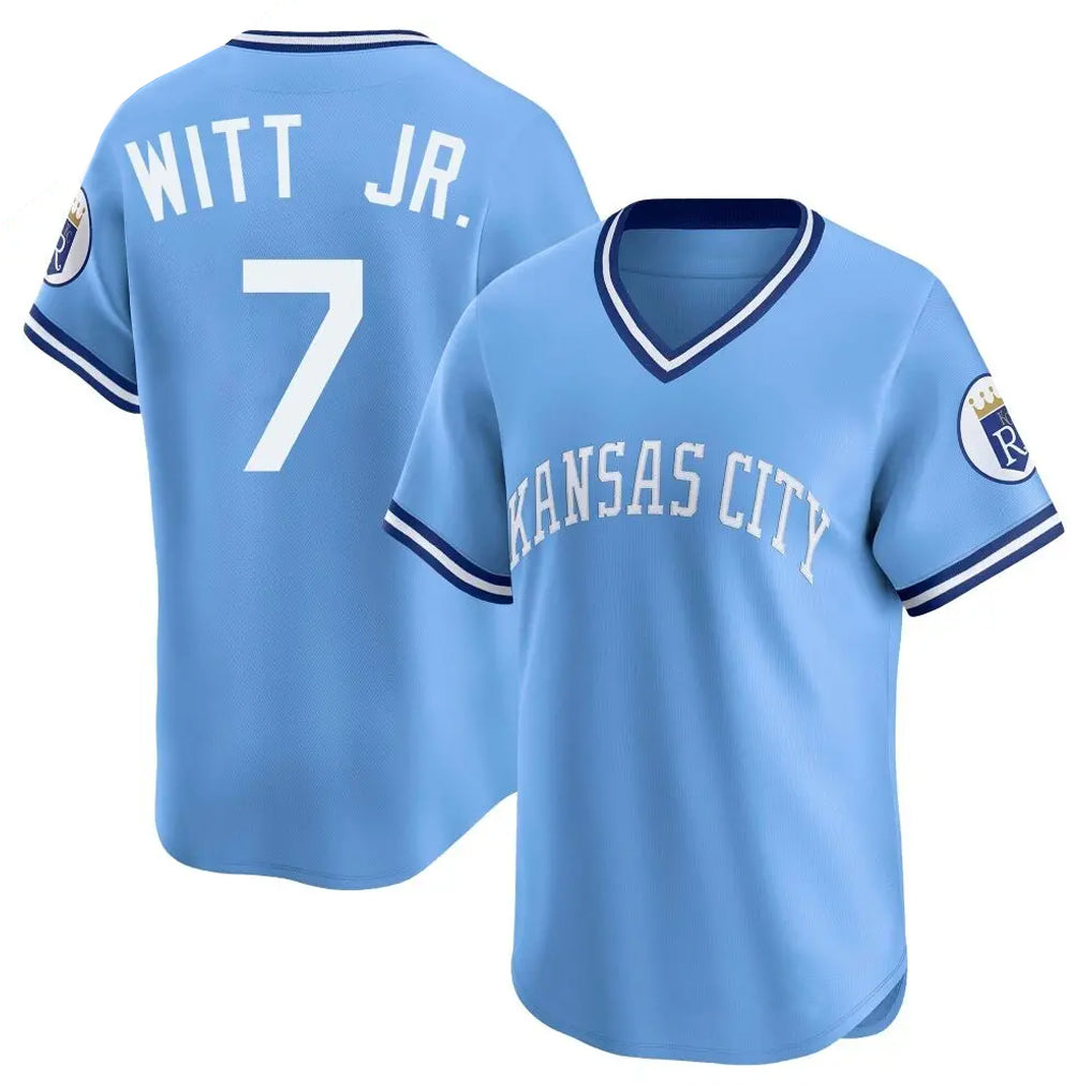 Odoa KC.Royals #7 Bobby Witt Jr. Player Light Blue Limited Throwback Cooperstown Collection T-shirt Stitched Jerseys