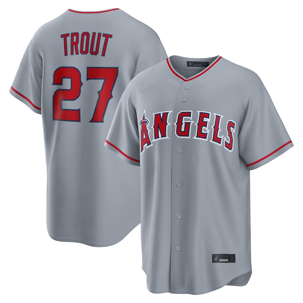 Odoa LA.Angels #27 Mike Trout Player Gray Home Game Stitched Jerseys