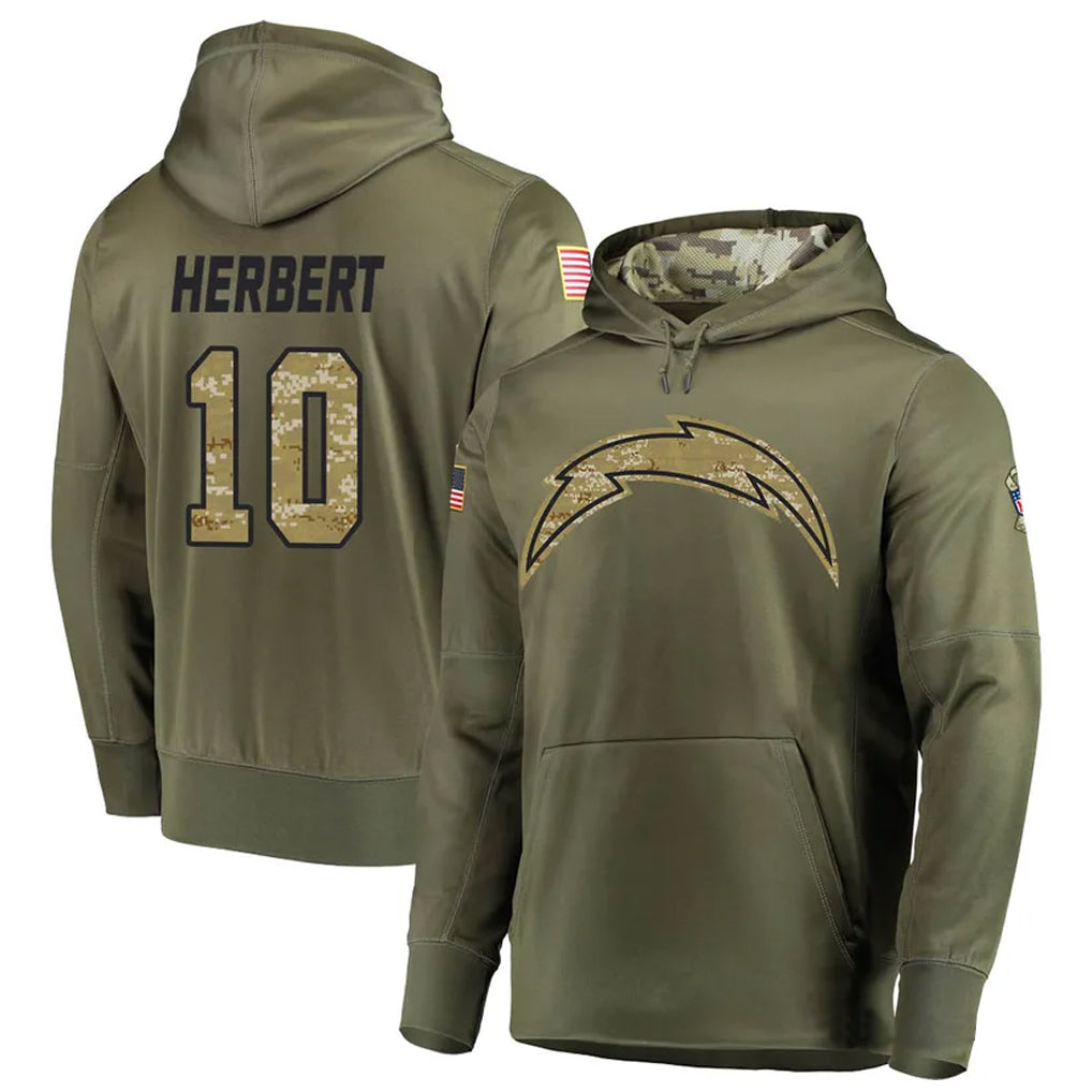 Odoa LA.Chargers #10 Justin Herbert Player Salute to Service  Olive Hoodies Game Stitched Jerseys