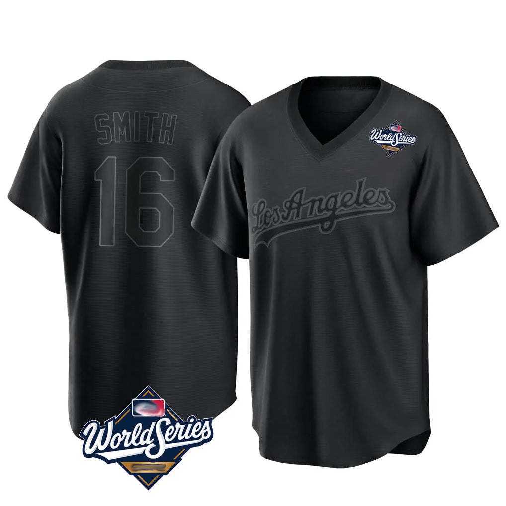 Odoa LA.Dodgers #16 Will Smith Player Black World Series Pitch Fashion T-shirt Stitched Jerseys