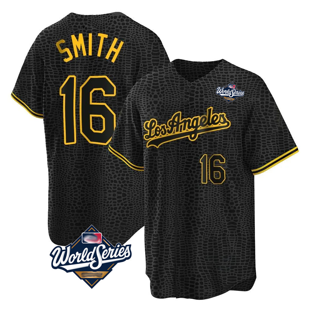 Odoa LA.Dodgers #16 Will Smith Player Black World Series Snake Skin City Game Home Stitched Jerseys