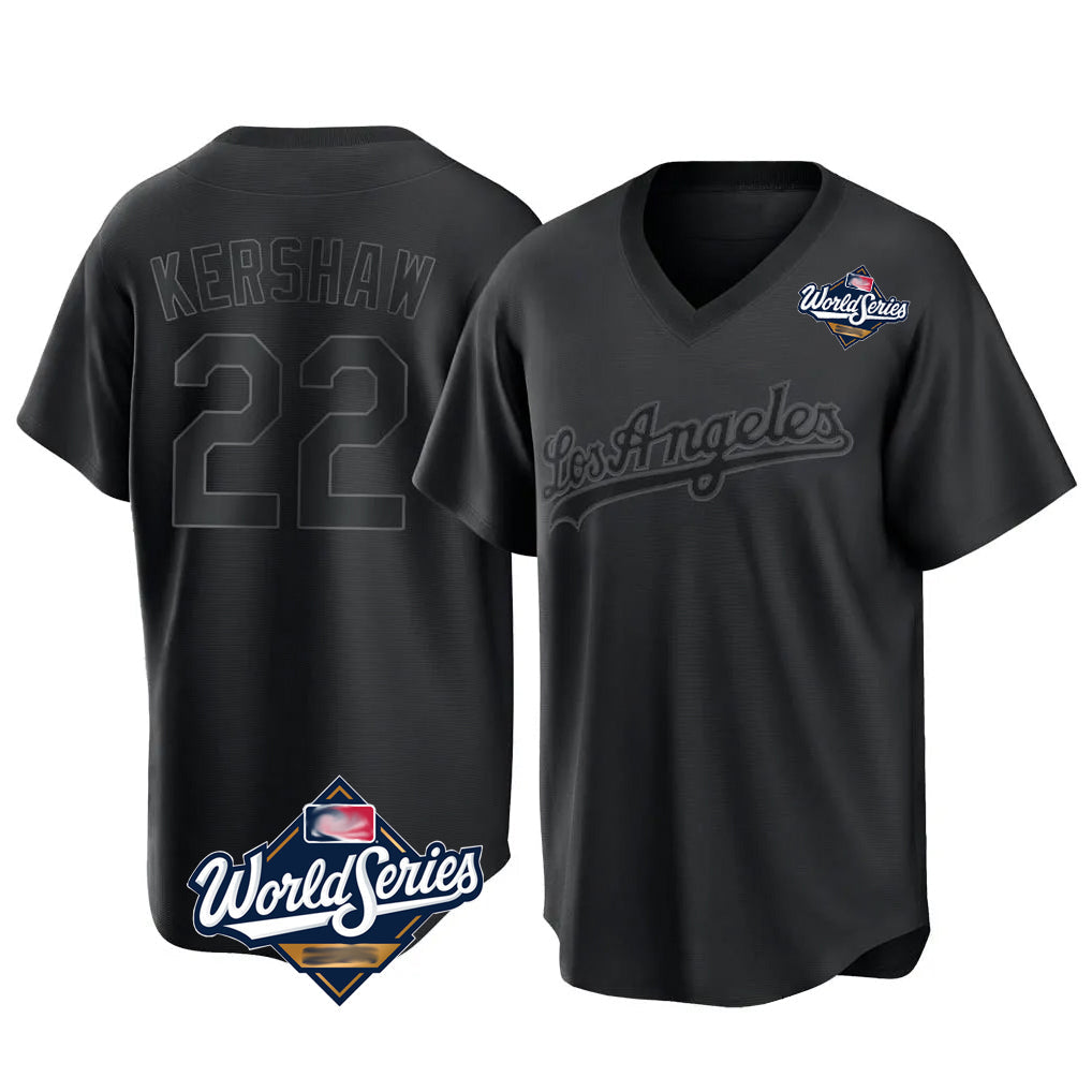 Odoa LA.Dodgers #22 Clayton Kershaw Player Black World Series Pitch Fashion T-shirt Stitched Jerseys