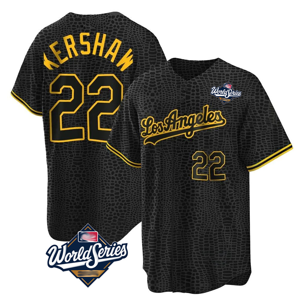Odoa LA.Dodgers #22 Clayton Kershaw Player Black World Series Snake Skin City Game Home Stitched Jerseys