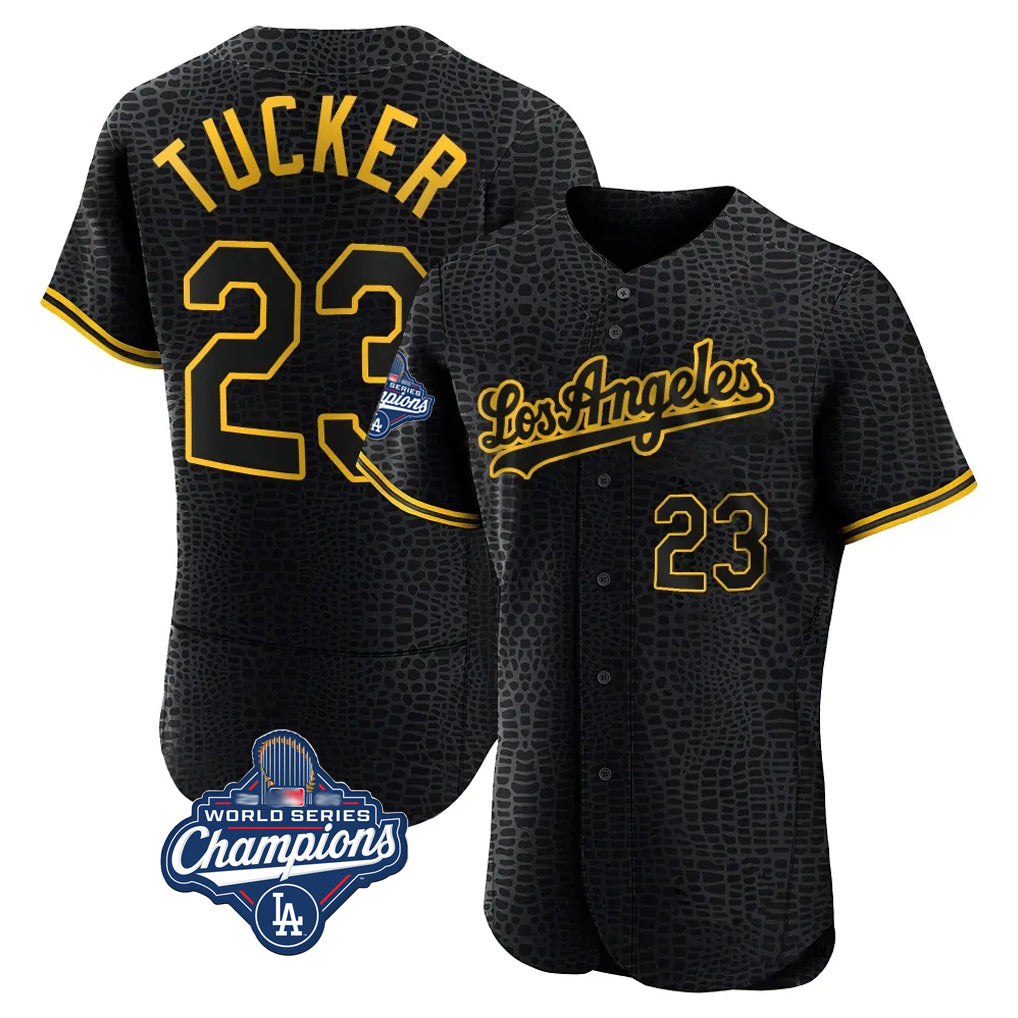 Odoa LA.Dodgers #23 Kyle Tucker Player Black World Series Meet Snake Skin City Limited Elite Home Stitched Jerseys