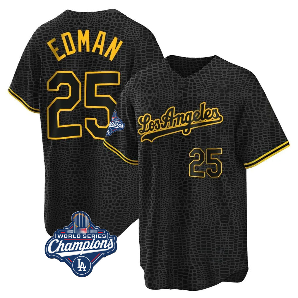 Odoa LA.Dodgers #25 Tommy Edman Player Black World Series Meet Snake Skin City Game Home Stitched Jerseys