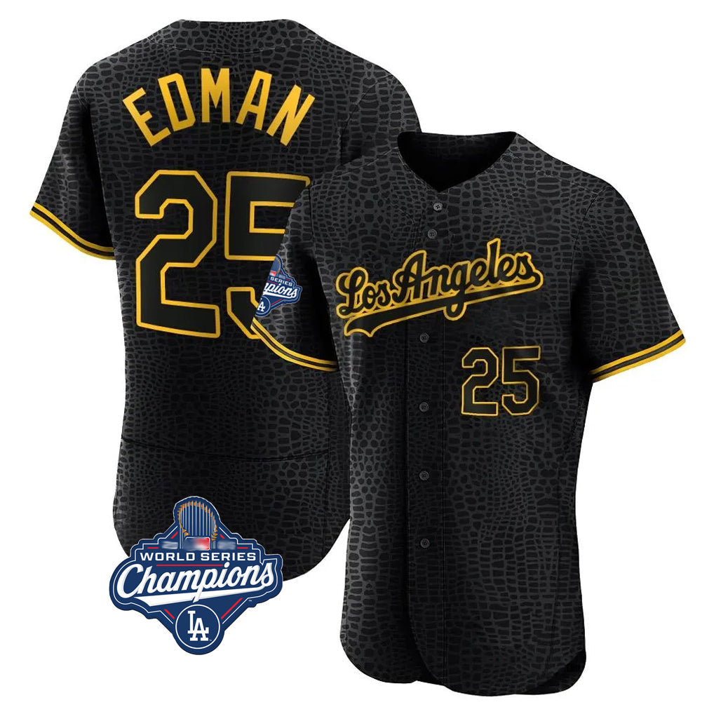 Odoa LA.Dodgers #25 Tommy Edman Player Black World Series Meet Snake Skin City Limited Elite Home Stitched Jerseys