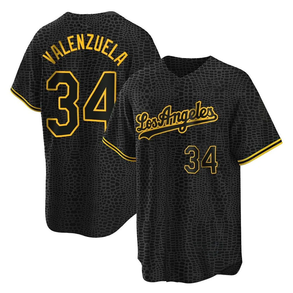 Odoa LA.Dodgers #34 Fernando Valenzuela Player Black Snake Skin City Game Home Stitched Jerseys