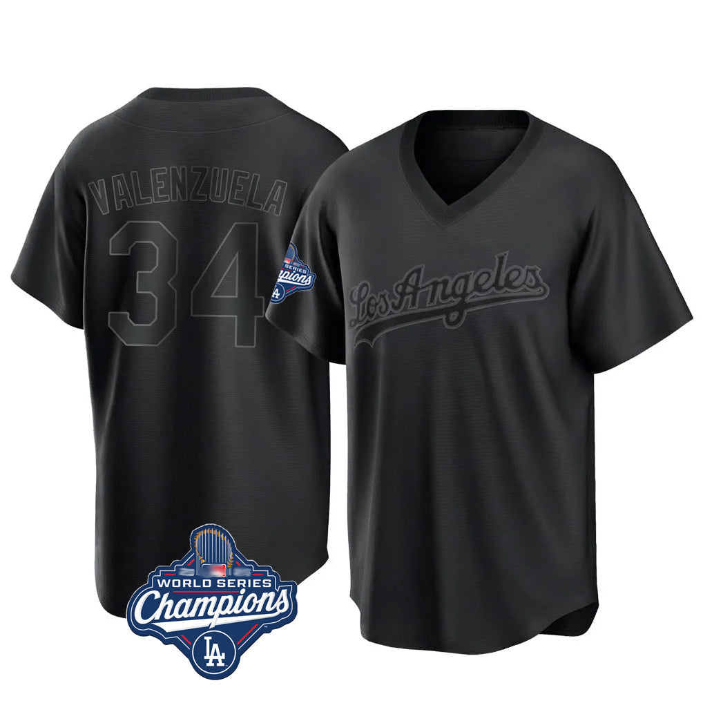 Odoa LA.Dodgers #34 Fernando Valenzuela Player Black World Series Meet Pitch Fashion T-shirt Stitched Jerseys