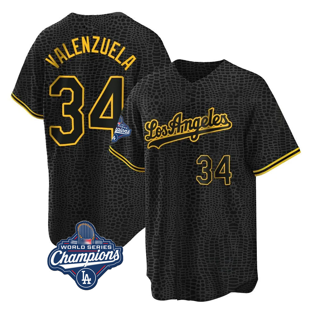 Odoa LA.Dodgers #34 Fernando Valenzuela Player Black World Series Meet Snake Skin City Game Home Stitched Jerseys