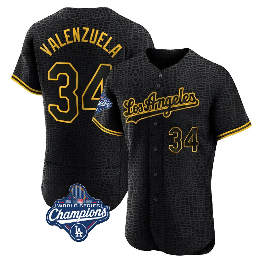 Odoa LA.Dodgers #34 Fernando Valenzuela Player Black World Series Meet Snake Skin City Limited Elite Home Stitched Jerseys