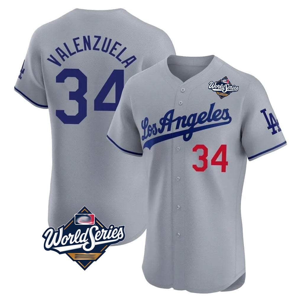 Odoa LA.Dodgers #34 Fernando Valenzuela Player Gray World Series Limited Elite Home Stitched Jerseys