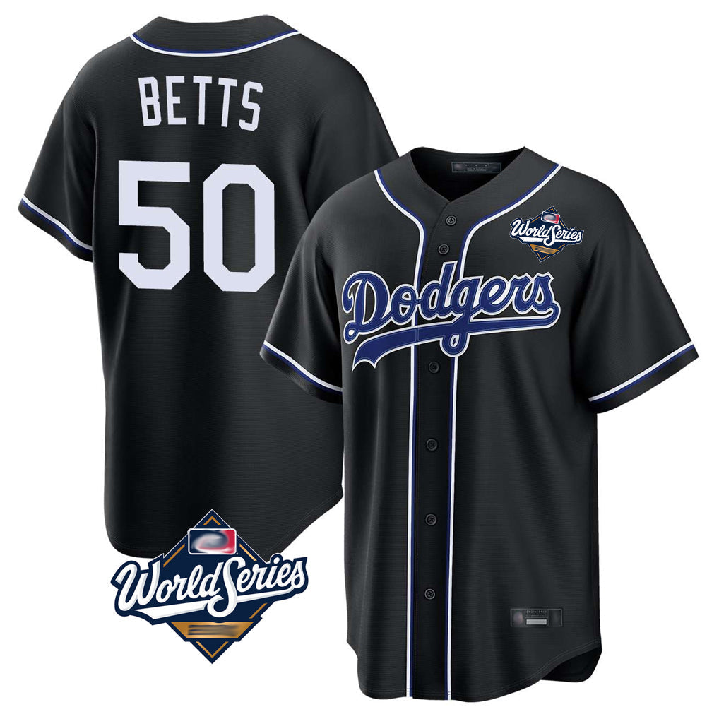 Odoa LA.Dodgers #50 Mookie Betts Player Black World Series Carbon Limited Home Stitched Jerseys