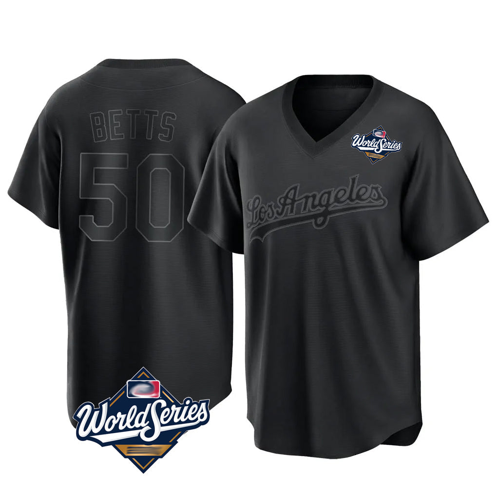 Odoa LA.Dodgers #50 Mookie Betts Player Black World Series Pitch Fashion T-shirt Stitched Jerseys