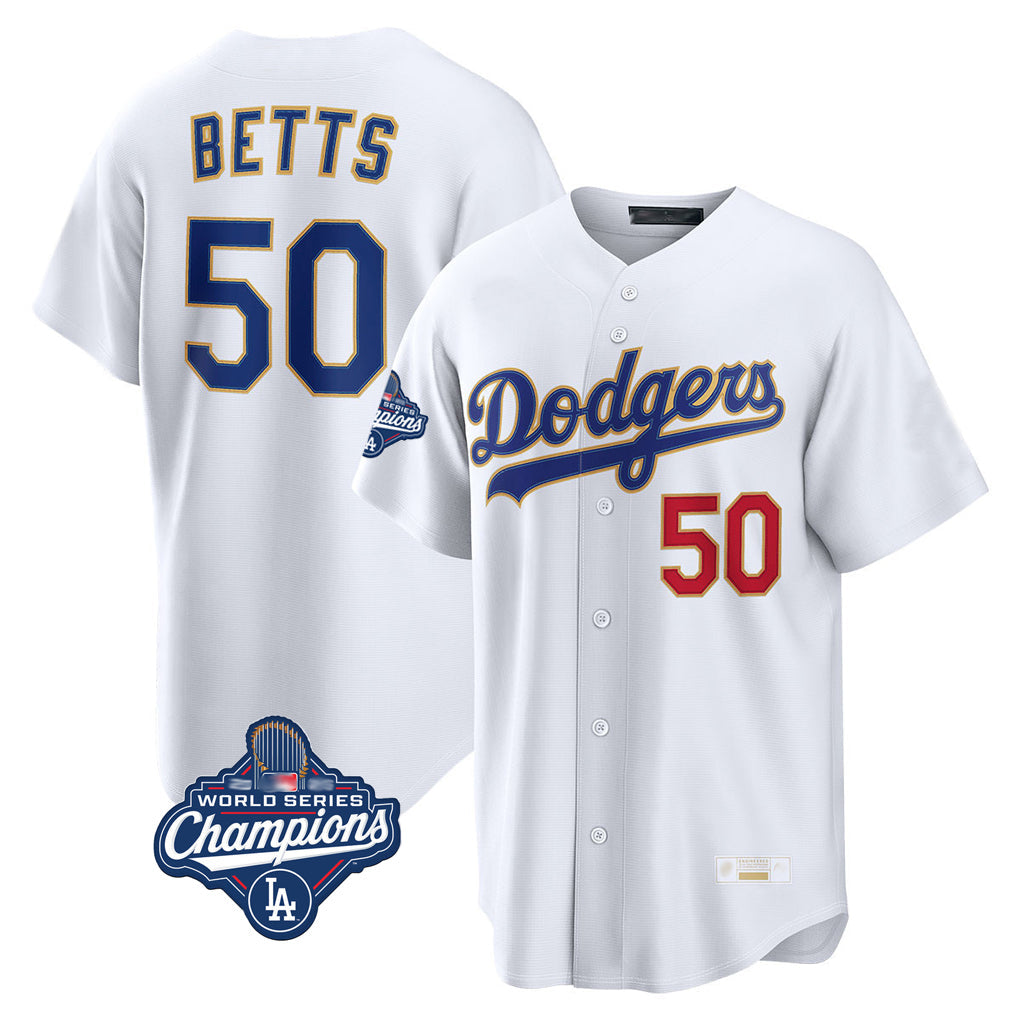 Odoa LA.Dodgers #50 Mookie Betts Player Gold White World Series Meet Collection Limited Home Stitched Jerseys