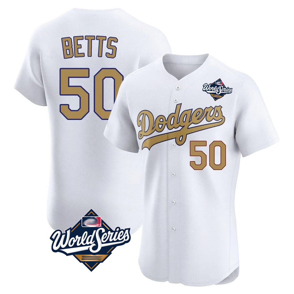 Odoa LA.Dodgers #50 Mookie Betts Player Gold World Series Limited Elite Home Stitched Jerseys