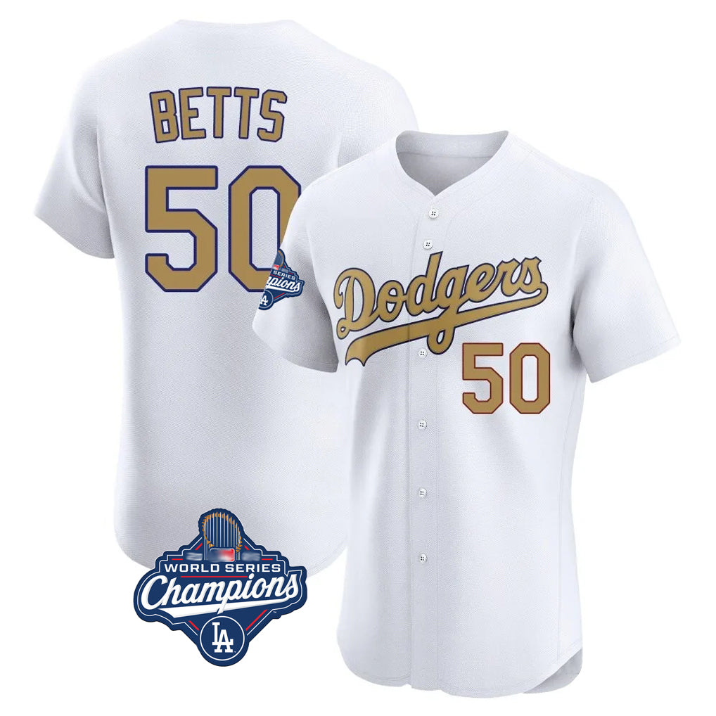 Odoa LA.Dodgers #50 Mookie Betts Player Gold World Series Meet Limited Elite Home Stitched Jerseys