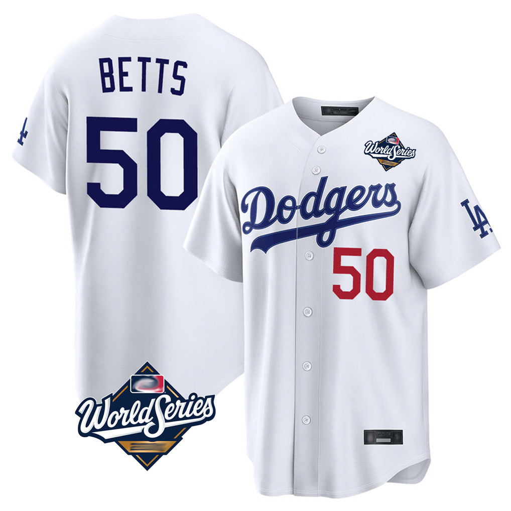 Odoa LA.Dodgers #50 Mookie Betts Player White World Series Home Game Stitched Jerseys