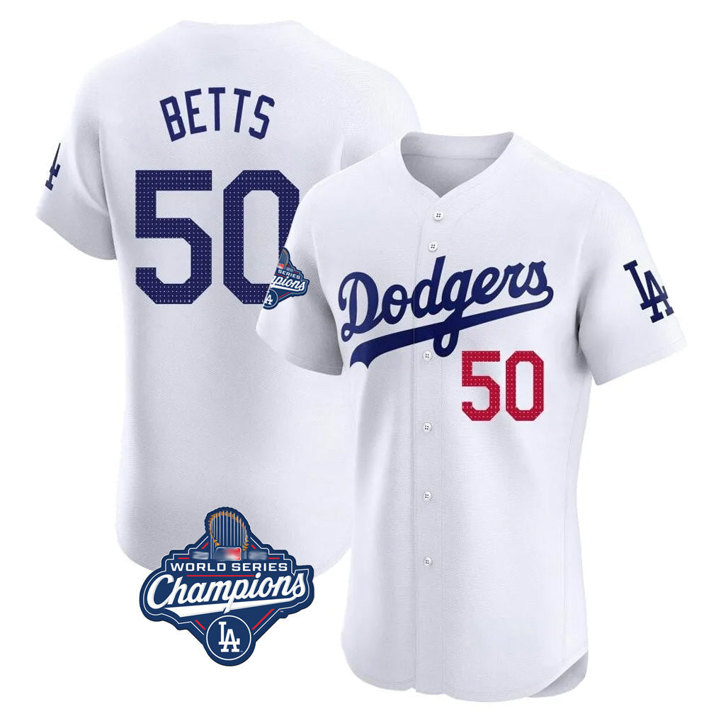 Odoa LA.Dodgers #50 Mookie Betts Player White World Series Meet Limited Elite Home Stitched Jerseys