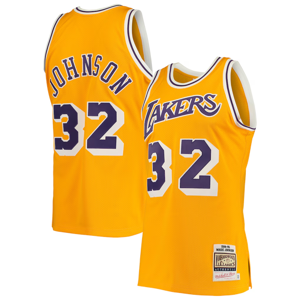 Odoa LA.Lakers #32 Magic Johnson Mitchell & Ness Gold 198485 Hardwood Classics Authentic Jerseys