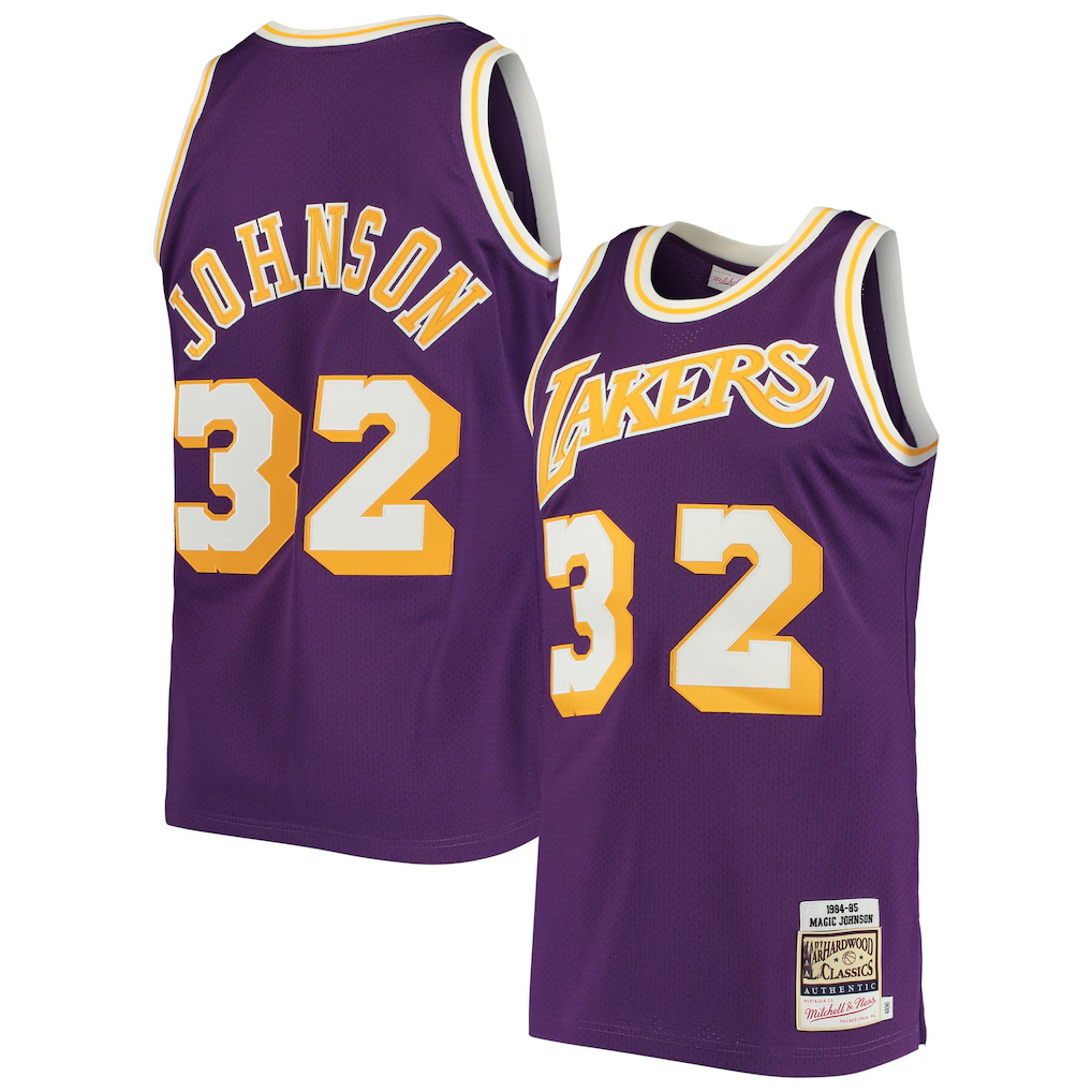 Odoa LA.Lakers #32 Magic Johnson Mitchell & Ness Purple 198485 Hardwood Classics Authentic Jerseys