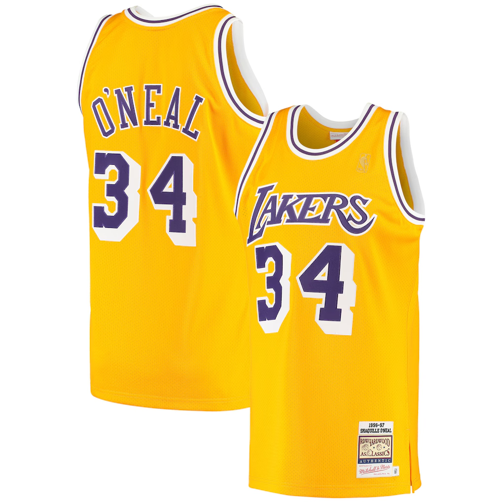 Odoa LA.Lakers #34 Shaquille O'Neal Mitchell & Ness Gold 199697 Hardwood Classics Authentic Jerseys