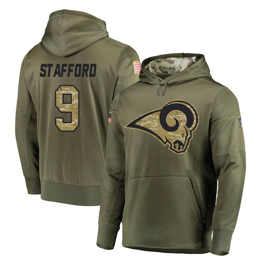 Odoa LA.Rams #9 Matthew Stafford Player Olive Salute to Service Pullover Hoodies Home Game Stitched Jerseys