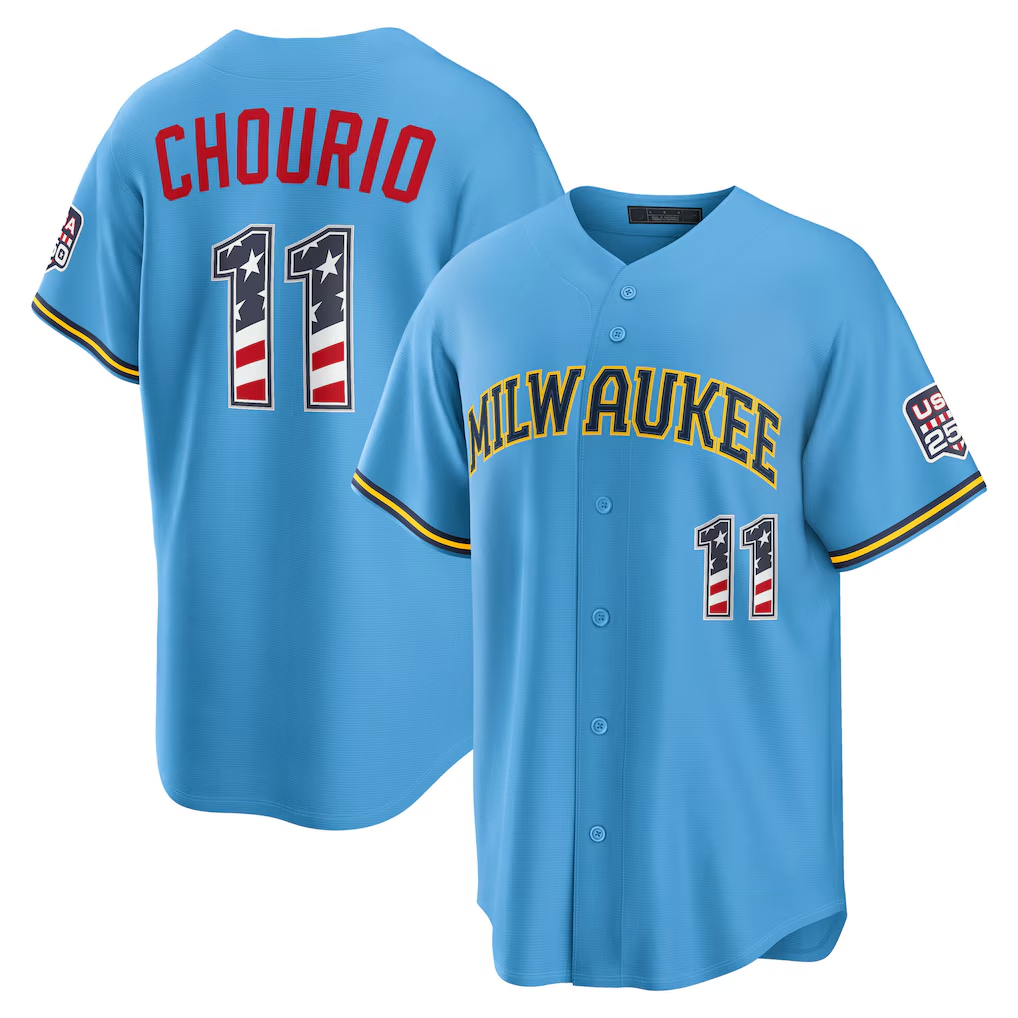 Odoa M.Brewers #11 Jackson Chourio Light Blue USA 250 Fourth of July Road Stadium Jersey