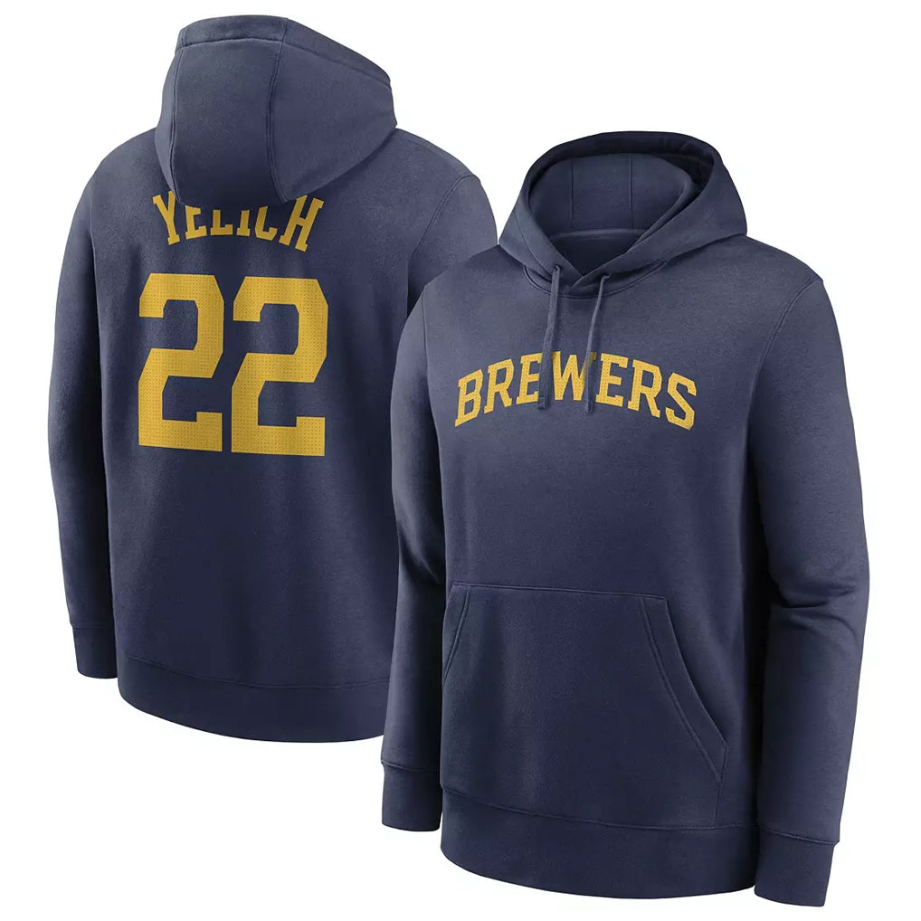 Odoa M.Brewers #22 Christian Yelich Player Navy Club Pullover Hoodie Game Stitched Jerseys