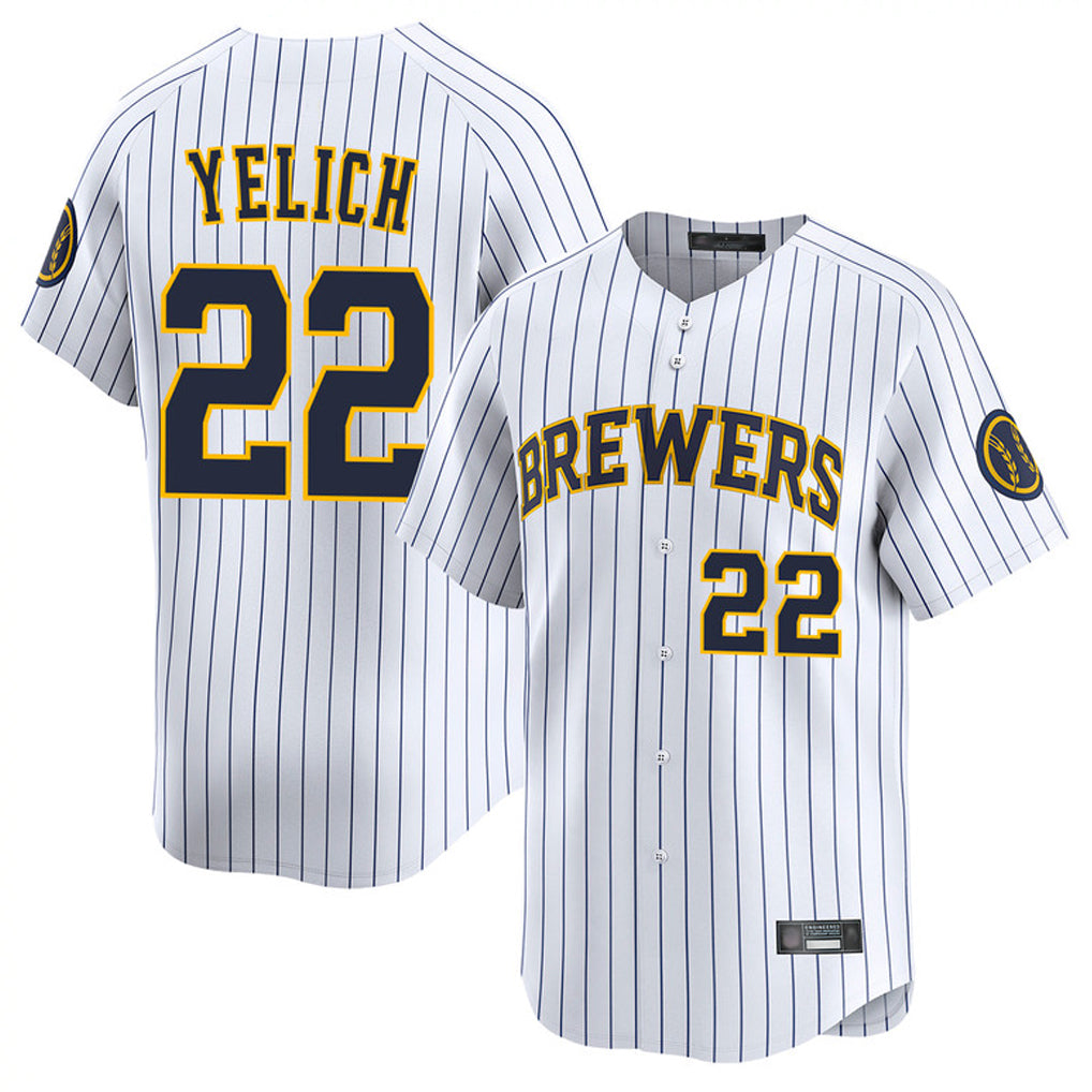 Odoa M.Brewers #22 Christian Yelich Player White Stripes Home Limited Game Stitched Jerseys