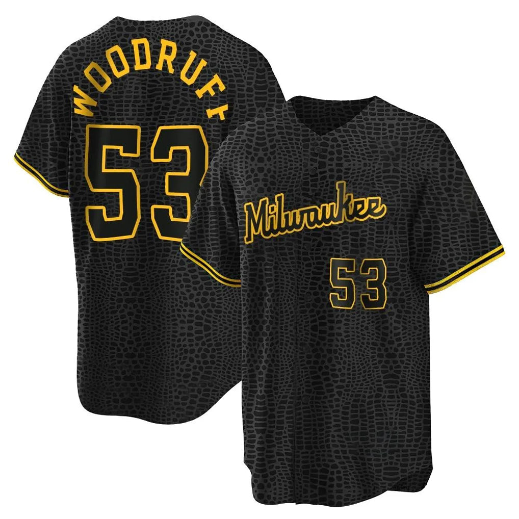 Odoa M.Brewers #53 Brandon Woodruff Player Black Snake Skin City Home Game Stitched Jerseys