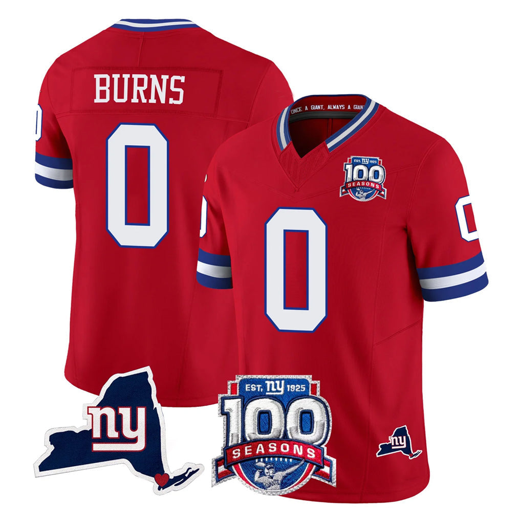 Odoa NY.Giants #0 Brian Burns Player Red 100th Season & State Patch Vapor Limited Home Game Stitched Jerseys