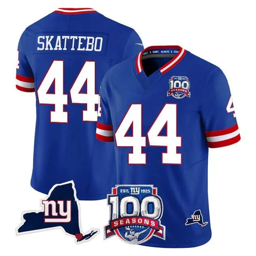 Odoa NY.Giants #44 Cam Skattebo Player Royal 100th Season & State Patch Vapor Limited Home Game Stitched Jerseys