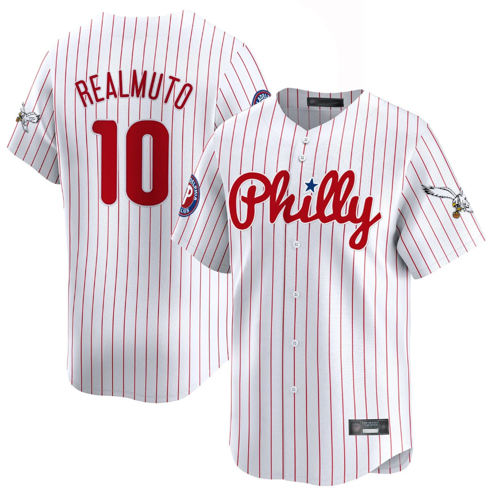 Odoa P.Phillies #10 J.T. Realmuto Player White Pinstripe Phillies & Eagles Vapor Premier Limited Stitched Jerseys