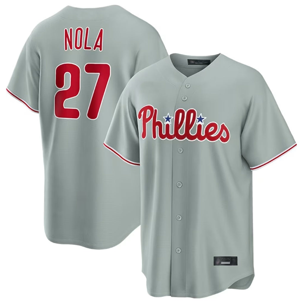 Odoa P.Phillies #27 Aaron Nola Player Gray Home Game Stitched Jerseys