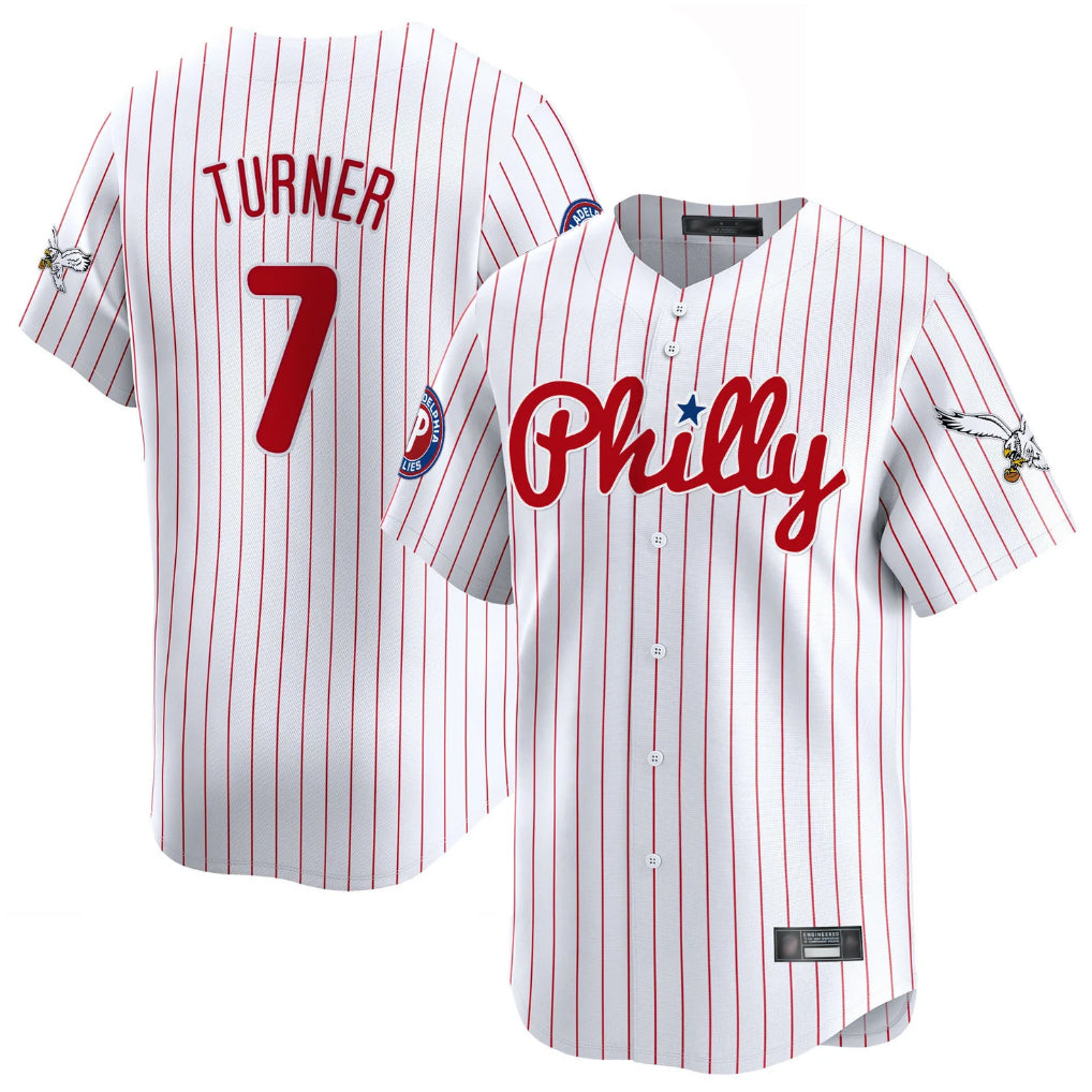 Odoa P.Phillies #7 Trea Turner Player White Pinstripe Phillies & Eagles Vapor Premier Limited Stitched Jerseys