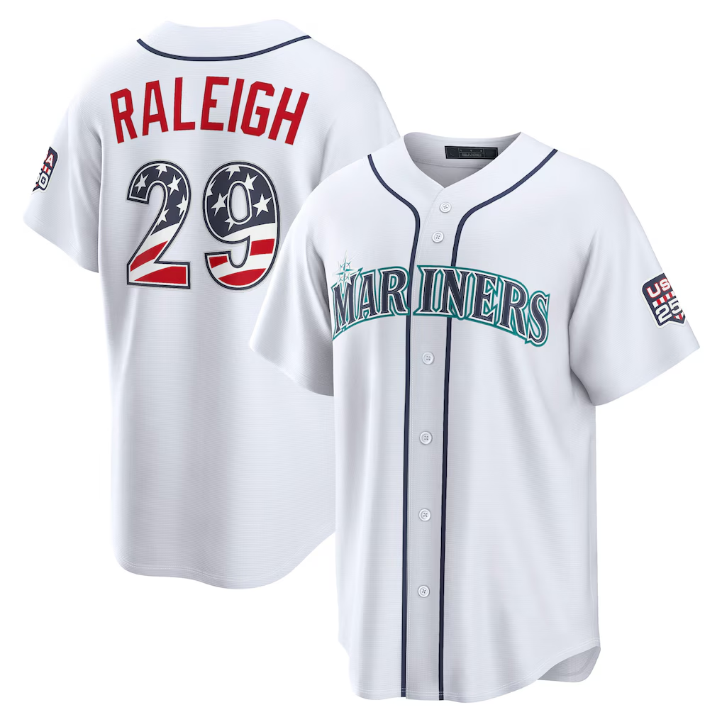 Odoa S.Mariners #29 Cal Raleigh White USA 250 Fourth of July Home Stadium Jersey