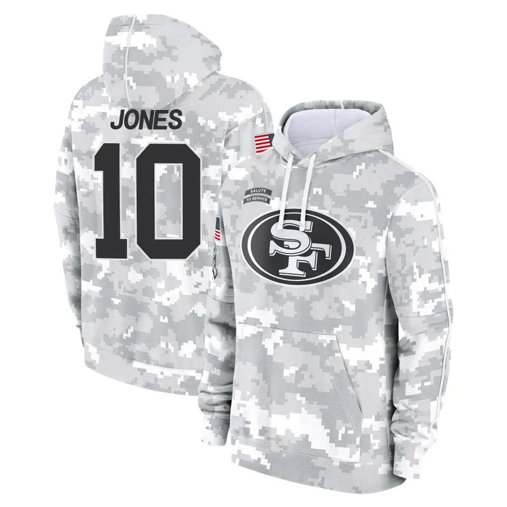 Odoa SF.49ers #10 Mac Jones Player Arctic Camo Limited Salute to Service Pullover Hoodies Game Stitched Jerseys