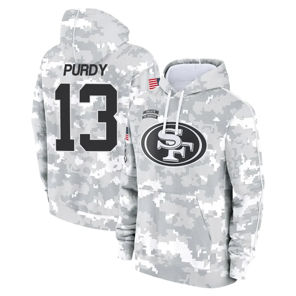 Odoa SF.49ers #13 Brock Purdy Player Arctic Camo Limited Salute to Service Pullover Hoodies Game Stitched Jerseys