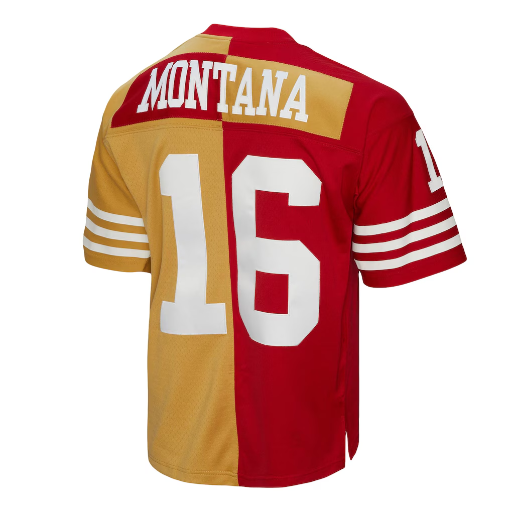 Odoa SF.49ers #16 Joe Montana Mitchell & Ness ScarletGold 1990 Split Legacy Replica Jersey