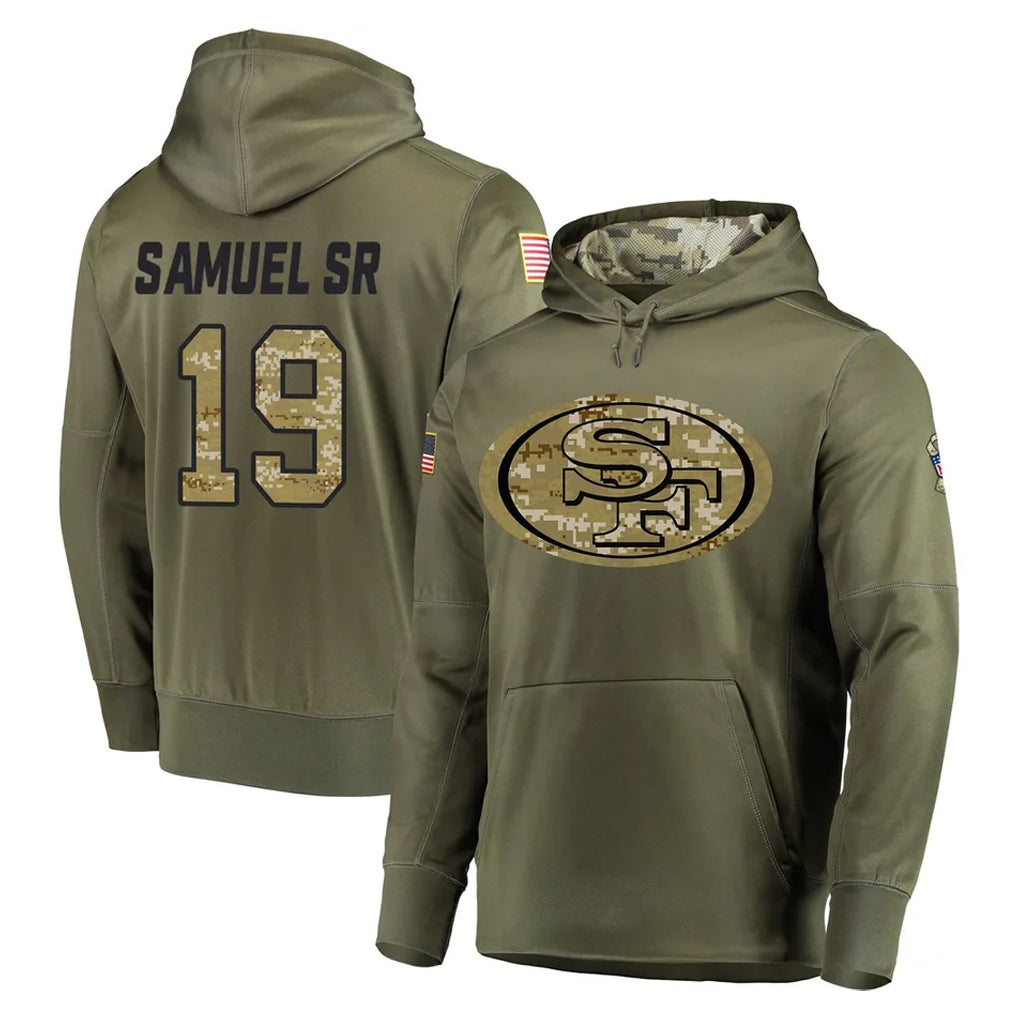 Odoa SF.49ers #19 Deebo Samuel Sr. Player Olive Salute to Service Pullover Hoodie Home Game Stitched Jerseys