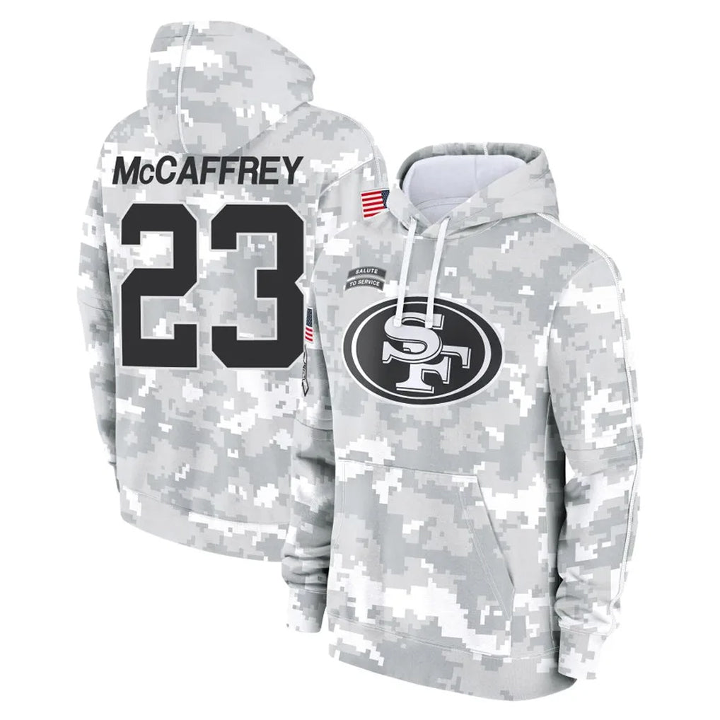 Odoa SF.49ers #23 Christian McCaffrey Player Arctic Camo Limited Salute to Service Pullover Hoodies Game Stitched Jerseys