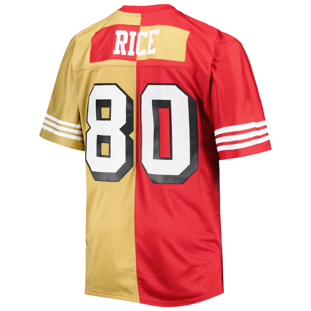 Odoa SF.49ers #80 Jerry Rice Mitchell & Ness ScarletGold Big & Tall Split Legacy Retired Player Replica Jersey