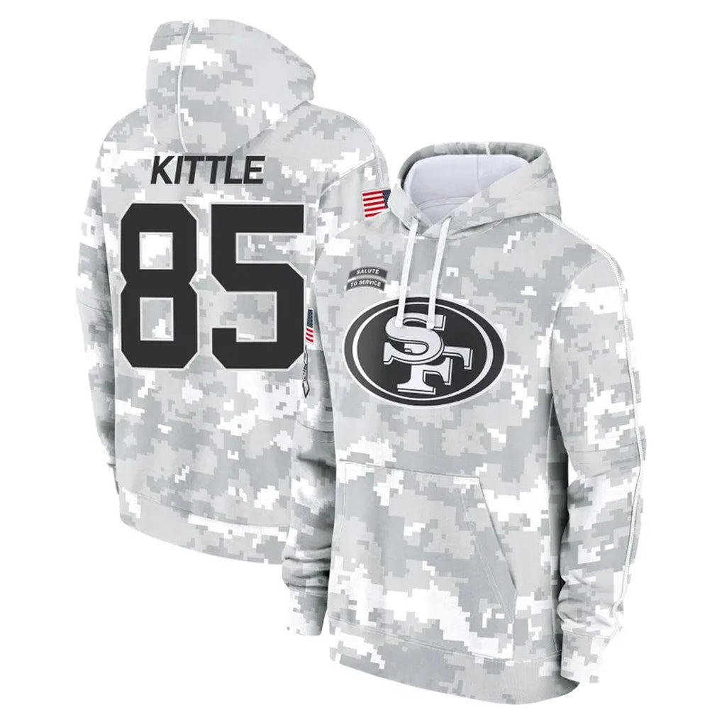 Odoa SF.49ers #85 George Kittle Player Arctic Camo Salute to Service Hoodies Stitched Jerseys