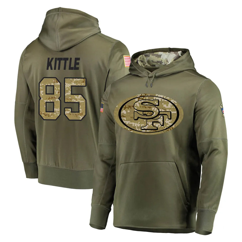 Odoa SF.49ers #85 George Kittle Player Olive Salute to Service Pullover Hoodie Home Game Stitched Jerseys