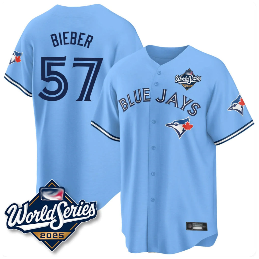 Odoa T.Blue Jays #57 Shane Bieber Player Blue 2025 World Series All Stitched Jerseys